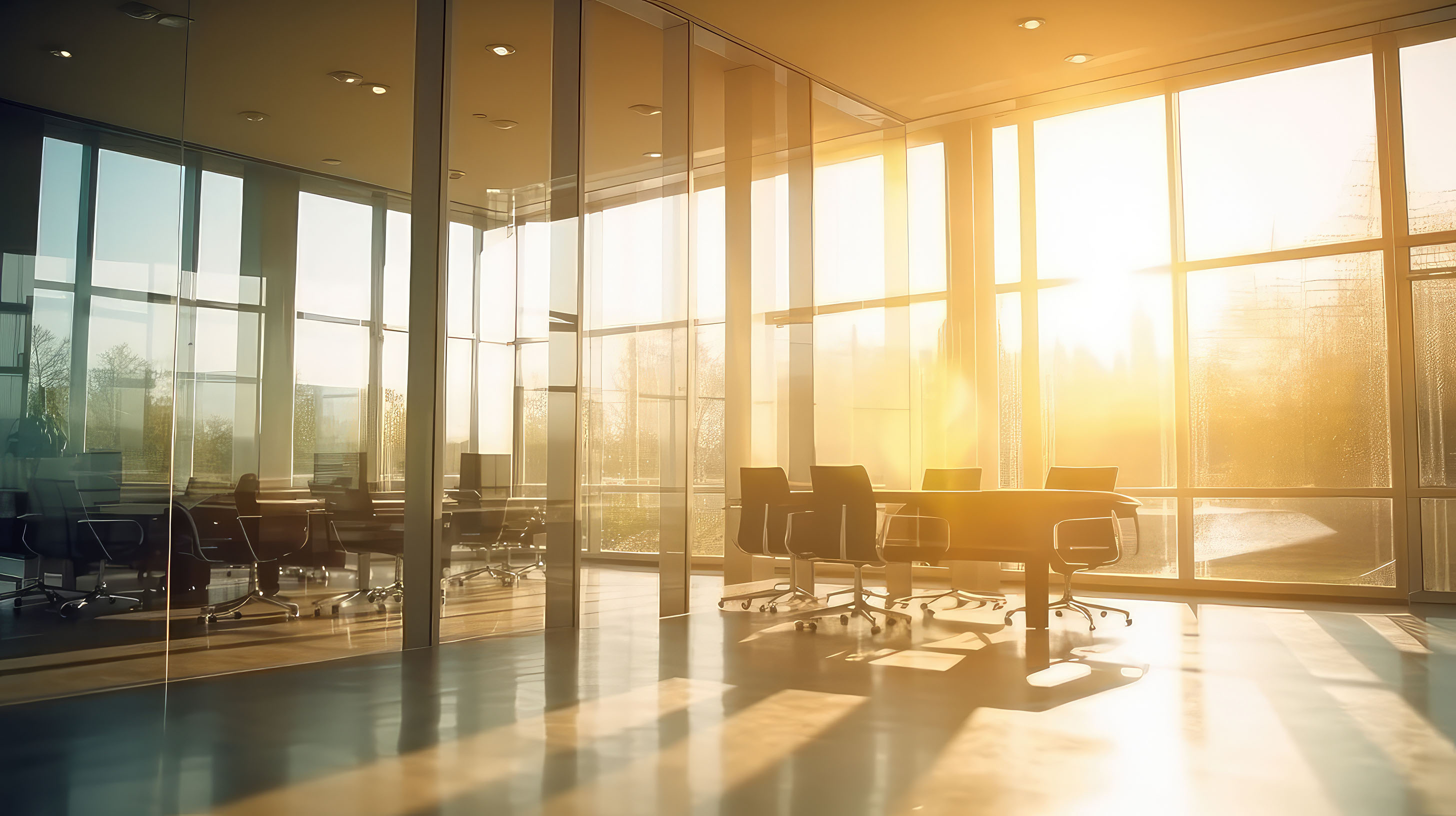 Sunlit office interior with glass partitions